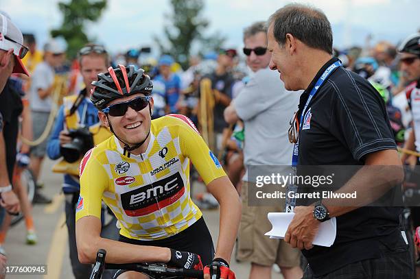 Tejay Van Garderen of the United States riding for BMC Racing Team shares a laugh with Race Director Jim Birrell prior to Stage Six of the USA Pro...