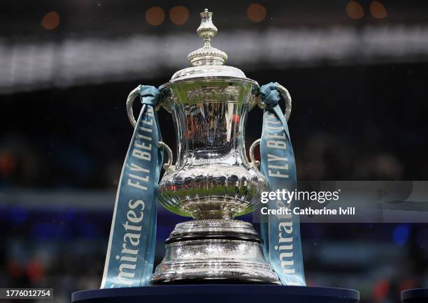 The FA Cup trophy is displayed during the Premier League match between Manchester City and AFC Bournemouth at Etihad Stadium on November 04, 2023 in...