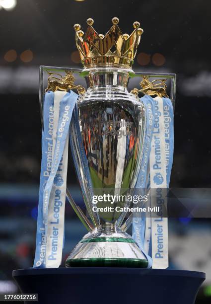 The Premier League trophy is displayed during the Premier League match between Manchester City and AFC Bournemouth at Etihad Stadium on November 04,...