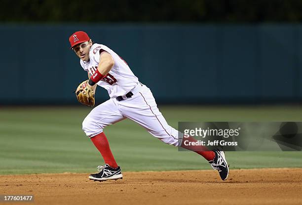 Brendan Harris of the Los Angeles Angels of Anaheim in action against the Kansas City Royals at Angel Stadium of Anaheim on May 13, 2013 in Anaheim,...