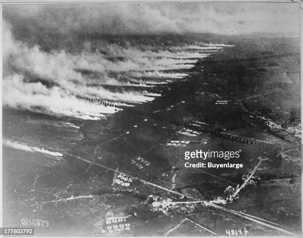View of French soldiers using liquid fire to good advantage in front line trenches in France, 1918.