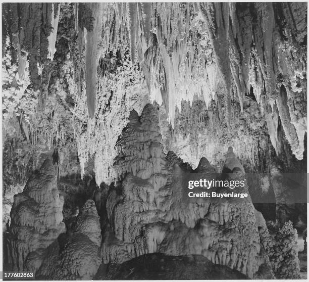 View of formations along the wall of the Big Room, near Crystal Spring, Carlsbad Caverns National Park, New Mexico, 1942.
