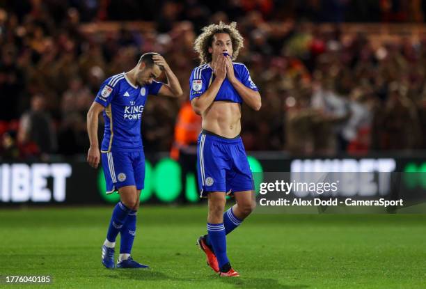 Leicester City's Wout Faes and Harry Winks react on the final whistle during the Sky Bet Championship match between Middlesbrough and Leicester City...