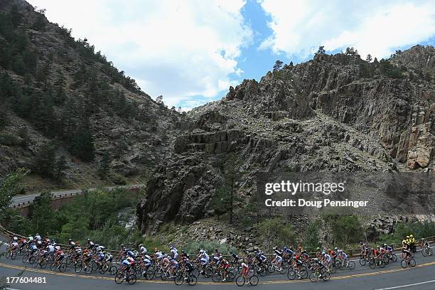 The peloton climbs through Big Thompson Canyon during stage six of the 2013 USA Pro Challenge from Loveland to Fort Collins on August 24, 2013 in...