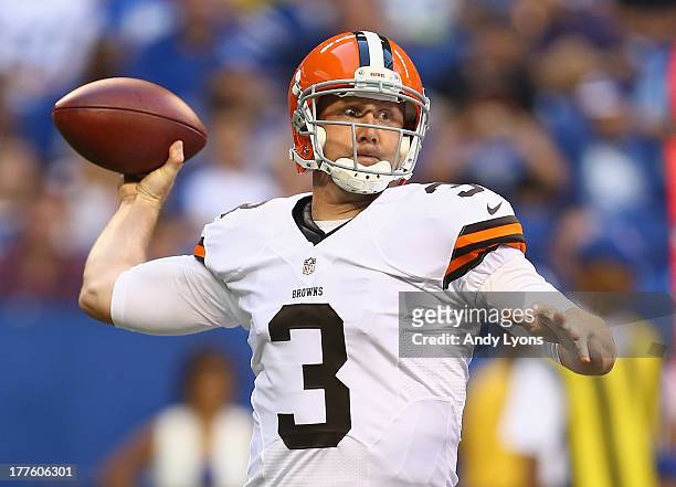 Brandon Weeden of the Cleveland Browns passes the ball during the preseason game against the Indianapolis Colts at Lucas Oil Stadium on August 24,...