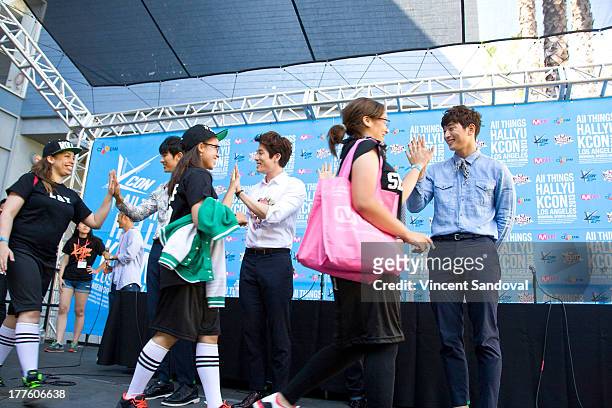 Singers Seulong, Changmin, Jo Kwon and Jeong Jin-Woon of 2am attend the KCON 2013 convention day 1 at the Los Angeles Memorial Sports Arena on August...