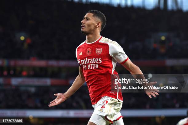 William Saliba of Arsenal celebrates scoring their 2nd goal during the Premier League match between Arsenal FC and Burnley FC at Emirates Stadium on...