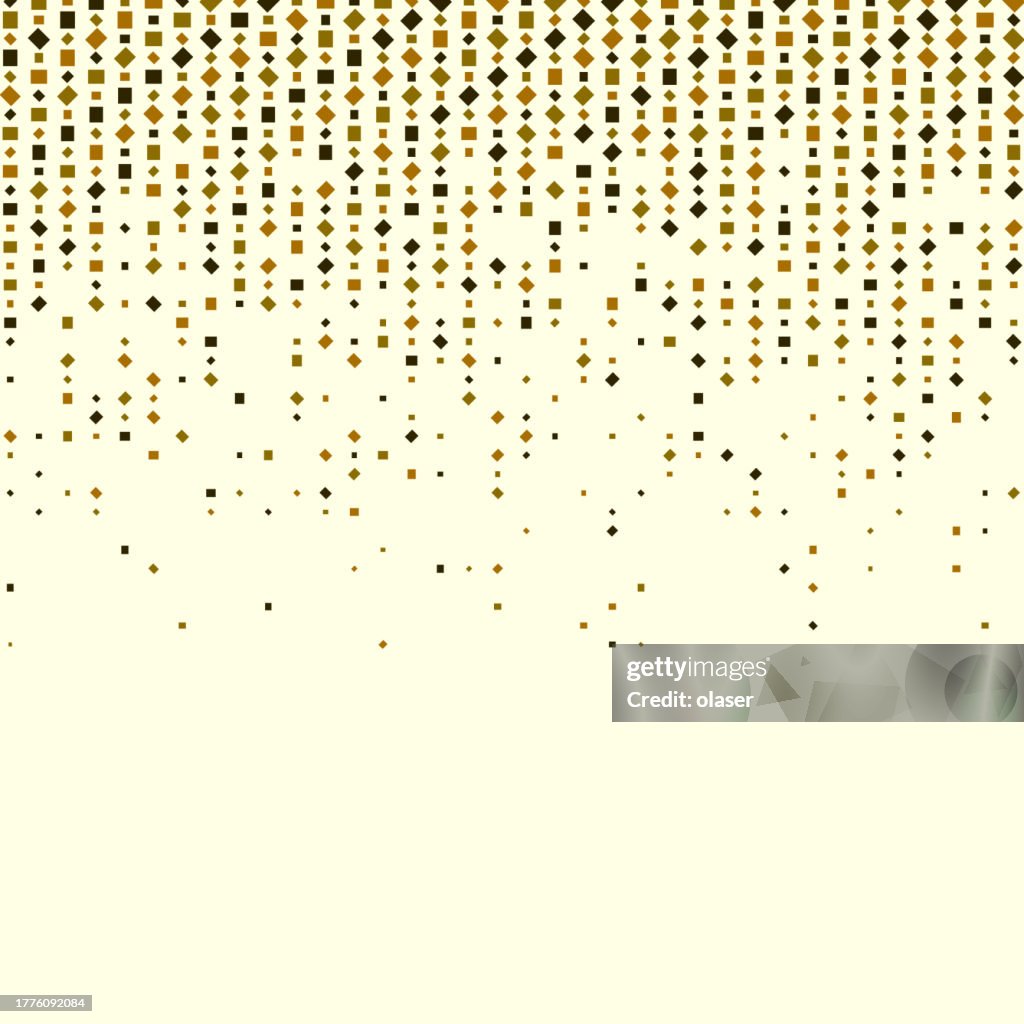 A gradient of golden diamond shapes dispersing into individual pixels on a cream-colored background, resembling a digital cascade.