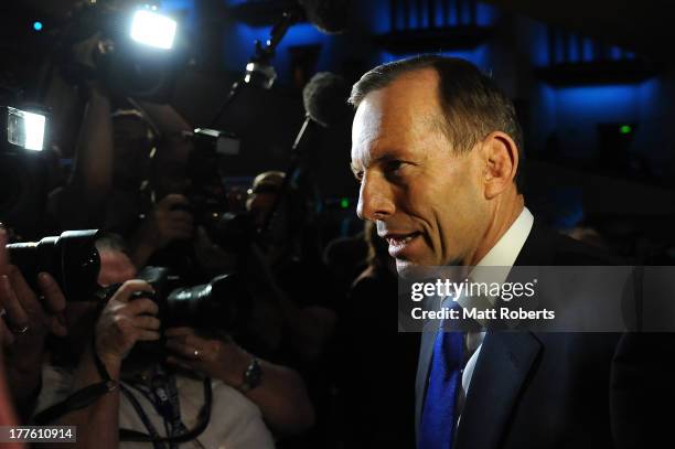 Tony Abbott leaves the 2013 Coalition Campaign Launch at the Queensland Performing Arts Centre on August 25, 2013 in Brisbane, Australia. Opposition...