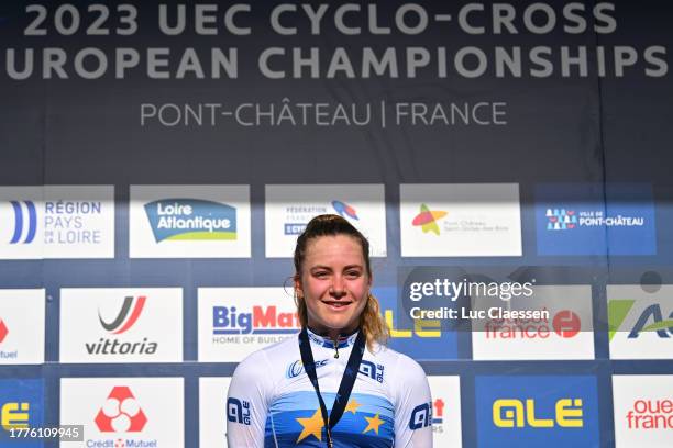 Jane Zoe Backstedt of Great Britain celebrates at podium as gold medal winner during the 21st UEC European Cyclo-cross Championships 2023, Women's...