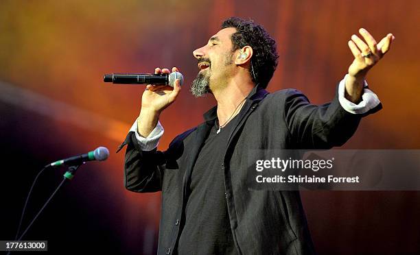 Serj Tankian of System Of A Down performs at Day 2 of the Leeds Festival at Bramham Park on August 24, 2013 in Leeds, England.
