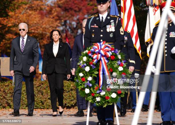 President Joe Biden, left, and US Vice President Kamala Harris, arrive for a Presidential Armed Forces Full Honor Wreath-Laying Ceremony at the Tomb...