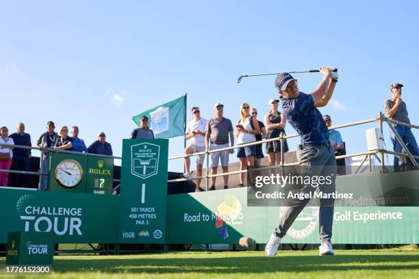 Adam Blomme of Sweden tees off on the first hole on Day Four of the Rolex Challenge Tour Grand Final supported by the R&A 2023 at Club de Golf...