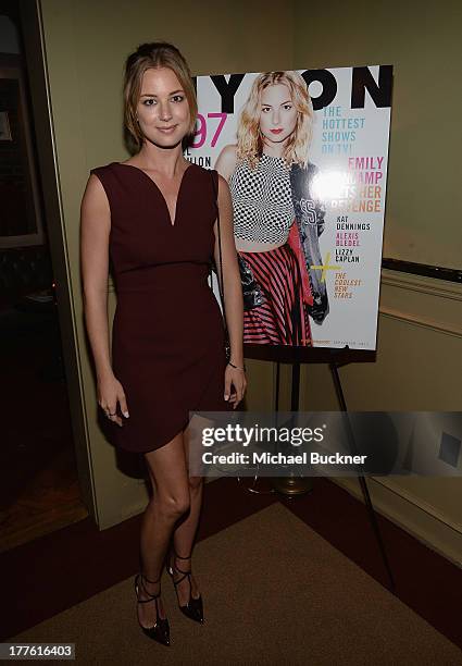 Actress Emily VanCamp attends the NYLON September Issue Party hosted by NYLON, ASOS and Emily VanCamp at The Redbury Hotel on August 24, 2013 in...