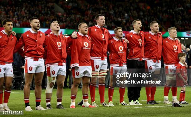 Rio Dyer, Johnny Williams, Dewi Lake, Corey Domachowski, Adam Beard, and Leigh Halfpenny, George North, Dan Lydiate and Jac Morgan Captain of Wales...