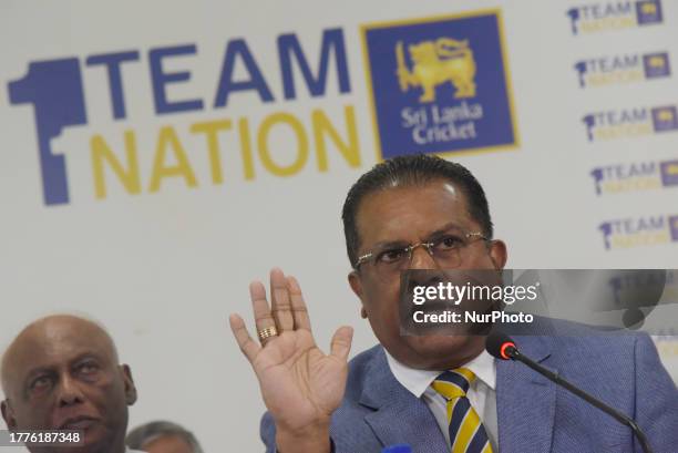 Shammi Silva, the president of the country's cricket body, and members of his committee are seen during a press conference on November 11 in Colombo,...