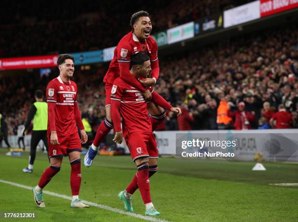 Middlesbrough's Sam Greenwood celebrates after scoring their first goal during the Sky Bet Championship match between Middlesbrough and Leicester...