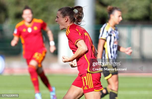 Emilie Haavi of AS Roma celebrates her goal during the Women Serie A match between Juventus Women and AS Roma Women at Stadio Comunale Vittorio Pozzo...