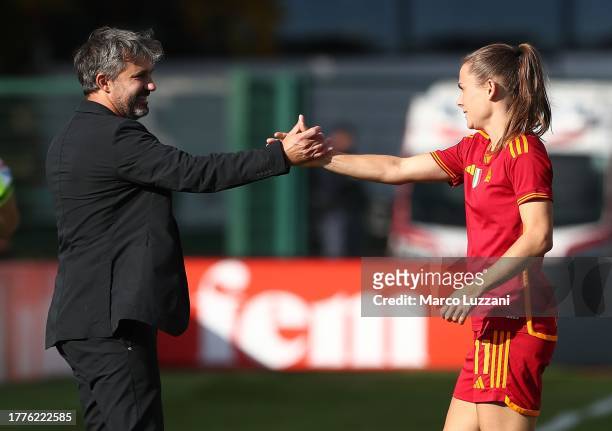 Emilie Haavi of AS Roma celebrates her goal with her coach Alessandro Spugna during the Women Serie A match between Juventus Women and AS Roma Women...