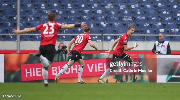 Fabian Kunze of Hannover 96 celebrates after scoring the team's first goal during the Second Bundesliga match between Hannover 96 and Eintracht...