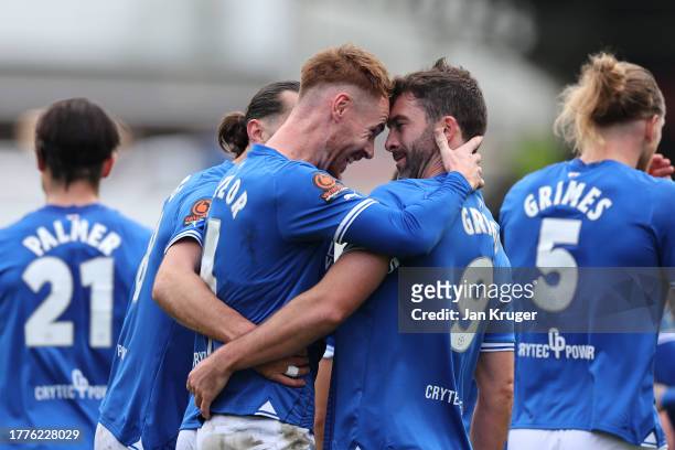 Tom Naylor of Chesterfield FC celebrates scoring his teams first goal during the Emirates FA Cup First Round match between Chesterfield and...