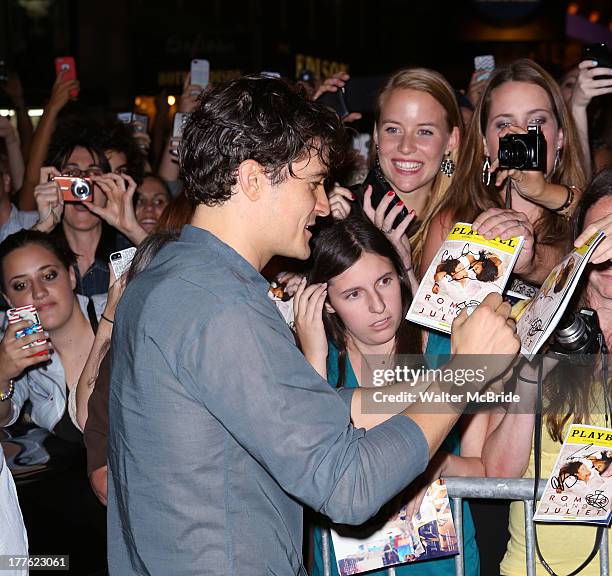 Orlando Bloom greeting fans at the stage door after the First Performance of "Romeo And Juliet" On Broadway at the Richard Rodgers Theatre on August...