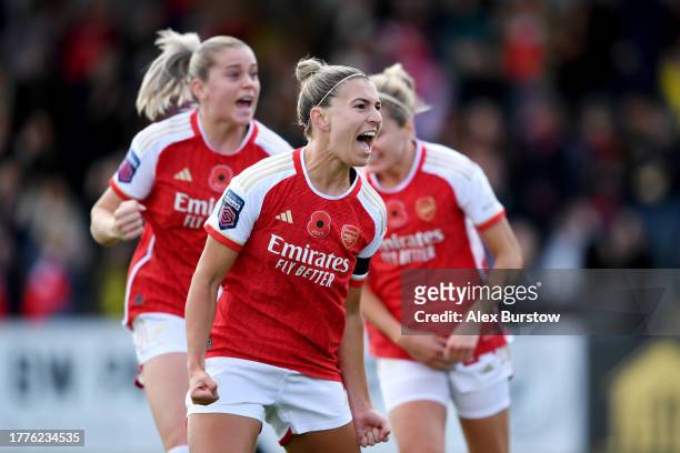 Steph Catley of Arsenal celebrates after scoring the team's first goal during the Barclays Women´s Super League match between Arsenal FC and...