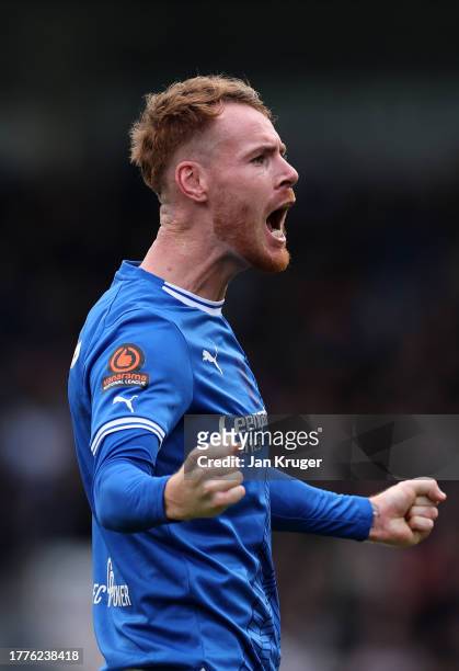 Tom Naylor of Chesterfield FC celebrates scoring his teams first goal during the Emirates FA Cup First Round match between Chesterfield and...