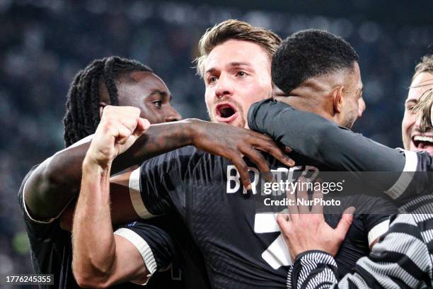 Juventus defender Bremer celebrates with Juventus defender Daniele Rugani after scoring his goal to make it 1-0 during the Serie A football match...