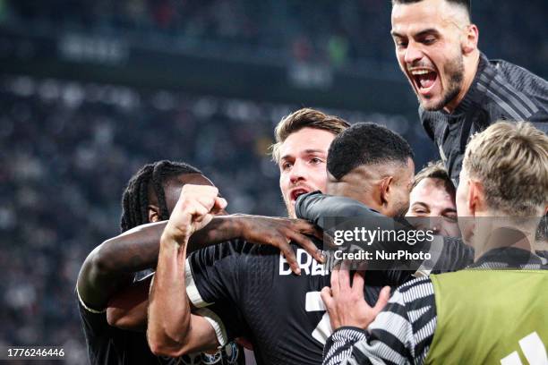 Juventus defender Bremer celebrates with Juventus defender Daniele Rugani after scoring his goal to make it 1-0 during the Serie A football match...