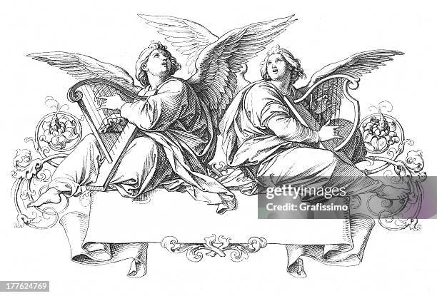 ilustraciones, imágenes clip art, dibujos animados e iconos de stock de dos angels canta jugando al arpa - angel