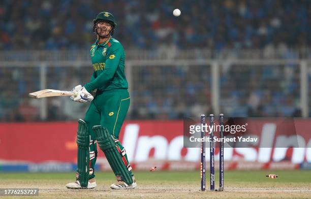 Quinton de Kock of South Africa is bowled by Mohammed Siraj of India during the ICC Men's Cricket World Cup India 2023 between India and South Africa...