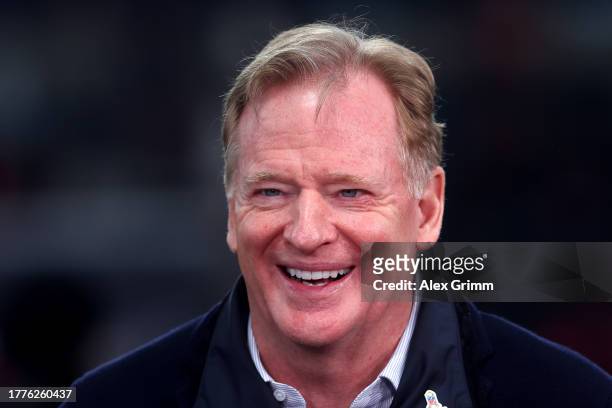 Roger Goodell, Commissioner of the NFL, looks on prior to the NFL match between Miami Dolphins and Kansas City Chiefs at Deutsche Bank Park on...