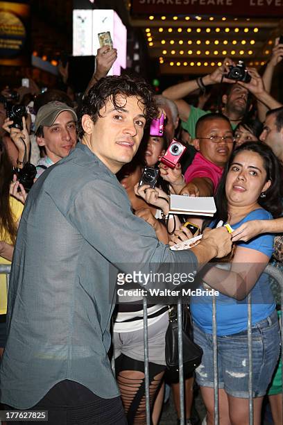 Orlando Bloom greeting fans at the stage door after the First Performance of "Romeo And Juliet" On Broadway at the Richard Rodgers Theatre on August...