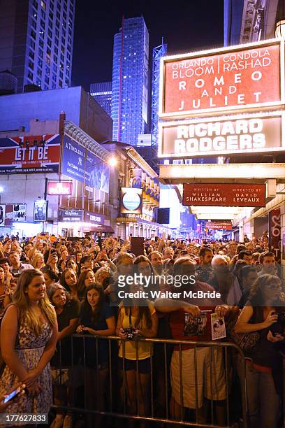 Fans at the stage door after the First Performance of "Romeo And Juliet" On Broadway at the Richard Rodgers Theatre on August 24, 2013 in New York...