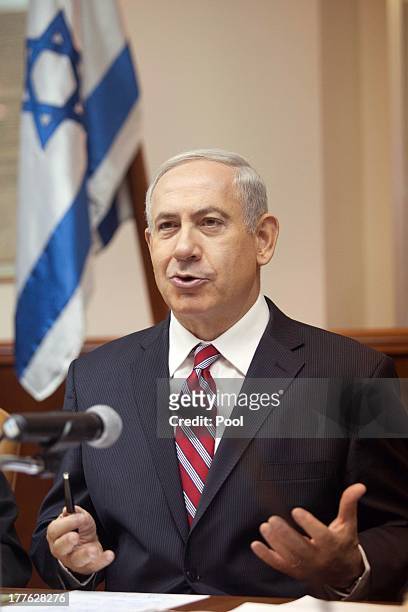 Israeli Prime Minister Benjamin Netanyahu speaks during the weekly cabinet meeting on August 25, 2013 in Jerusalem, Israel. Netanyahu stated that the...