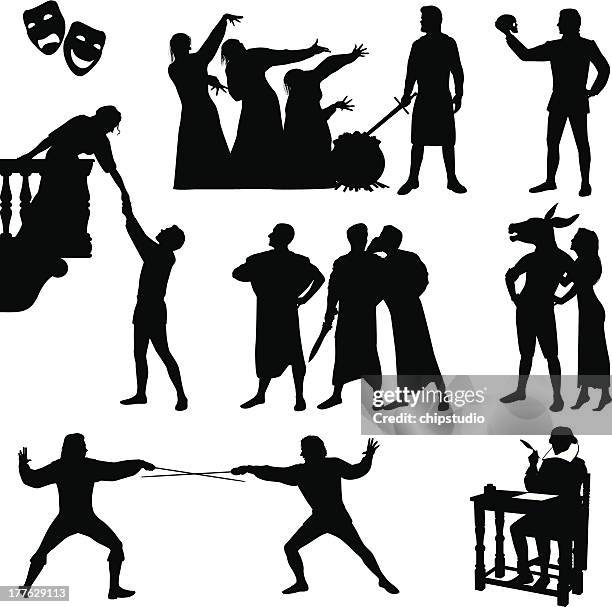 bildbanksillustrationer, clip art samt tecknat material och ikoner med black silhouettes of shakespeare characters  - tragedimask