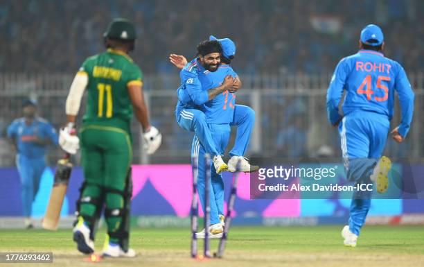 Ravi Jadeja of India celebrates the wicket of Temba Bavuma of South Africa during the ICC Men's Cricket World Cup India 2023 between India and South...