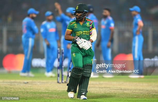 Temba Bavuma of South Africa makes their way off after being dismissed during the ICC Men's Cricket World Cup India 2023 between India and South...