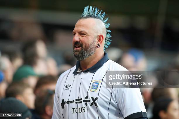 An Ipswich supporter with a mohican haircut stands in one of the stands during the Sky Bet Championship match between Ipswich Town and Swansea City...