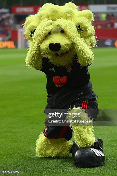 Mascot Brian the Lion of leverkusen in action during the Bundesliga match between Bayer 04 Leverkusen and Borussia Moenchengladbach at BayArena on...