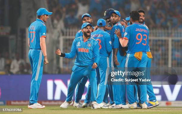 Virat Kohli of India celebrates the wicket of Heinrich Klaasen of South Africa during the ICC Men's Cricket World Cup India 2023 between India and...