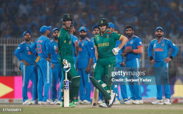 Rassie van der Dussen of South Africa watches a review prior to being given out during the ICC Men's Cricket World Cup India 2023 between India and...