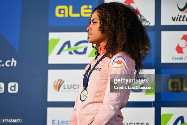 Ceylin Del Carmen Alvarado of The Netherlands celebrates at podium as silver medal winner during the 21st UEC European Cyclo-cross Championships...