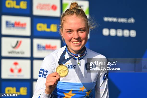 Fem Van Empel of The Netherlands celebrates at podium as gold medal winner during the 21st UEC European Cyclo-cross Championships 2023, Women's Elite...