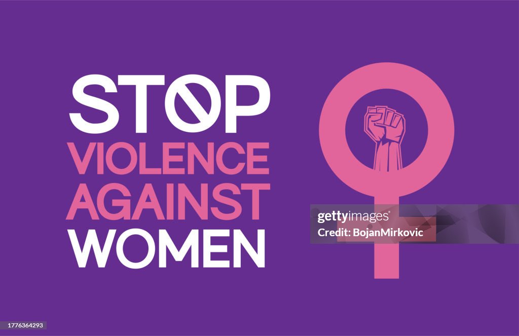 Stop Violence against Women card with fist. Vector