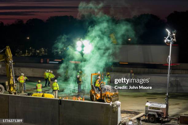 As seen from an aerial view Connecticut Department of Transportation crews reconstruct a southbound Interstate 95 bridge on November 05, 2023 in...