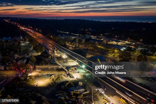 As seen from an aerial view Connecticut Department of Transportation crews reconstruct a southbound Interstate 95 bridge on November 05, 2023 in...