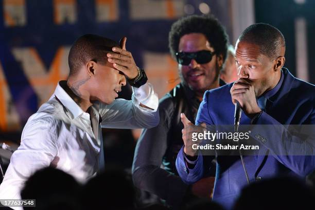 Pharrel, Lenny Kravitz and Jamie Foxx perform at the 4th Annual Apollo In The Hamptons Benefit on August 24, 2013 in East Hampton, New York.