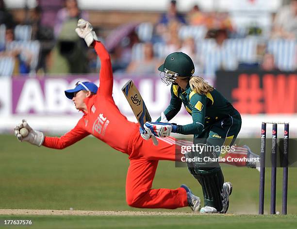 Jodie Fields of Australia looks on as she is caught behind by England's Sarah Taylor during the England Women and Australia Women Ashes Series - 3rd...